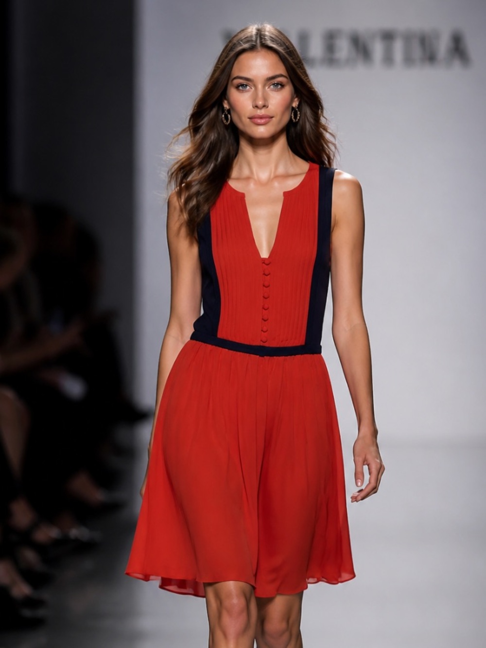 COOPERATIVE Anthropologie Dress Tuck Pleated V Neck Red Black Flare Lightweight